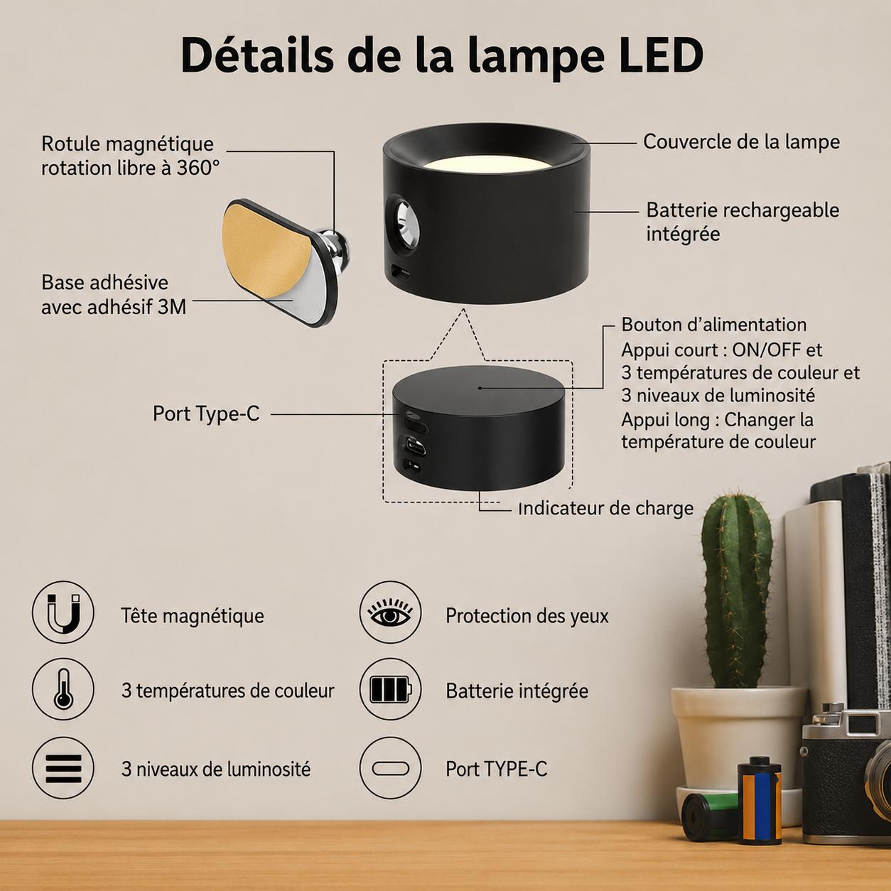 Lampe Murale Rechargeable Rotative 360°