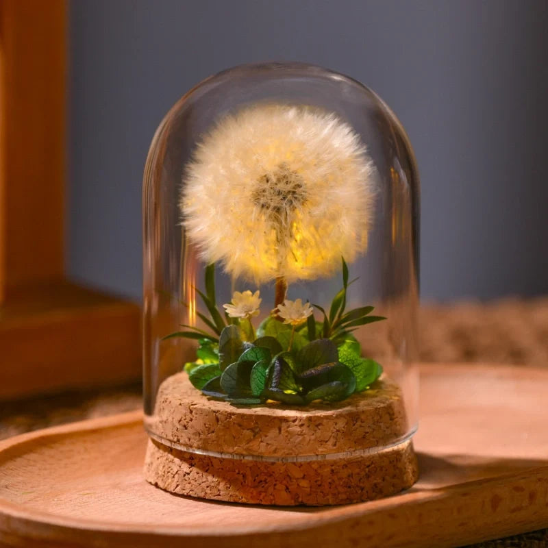 Lampe de nuit fleurs éternelles sous cloche