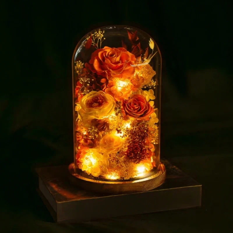 Lampe de nuit fleurs éternelles sous cloche