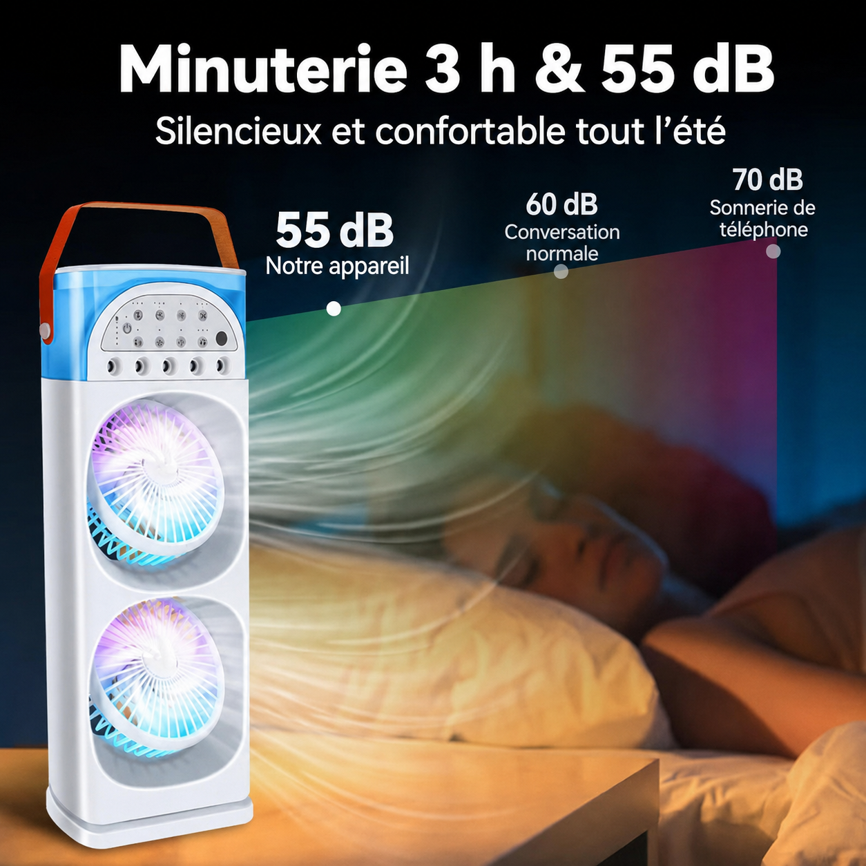 Mini climatiseur portable 4-en-1 avec LED 7 couleurs