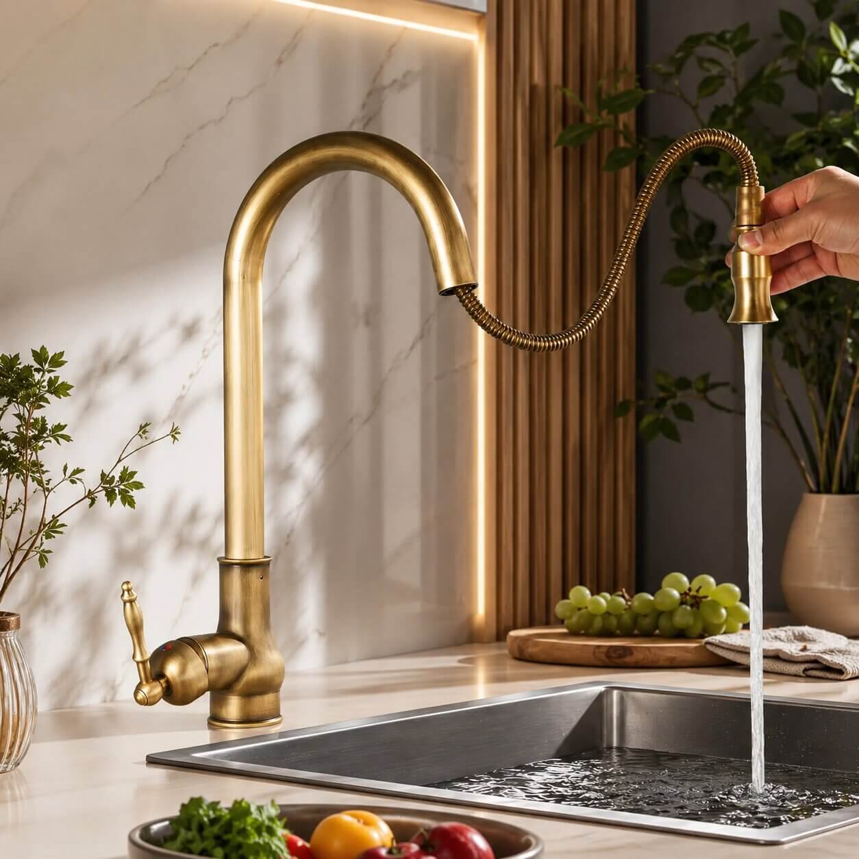 Robinet de cuisine extensible en laiton antique